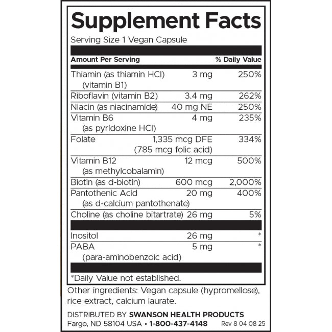 Swanson Daily B Complex Vitamin Supplement With 8 Essential B Vitamins In 100 Vegan Capsules - Feel You