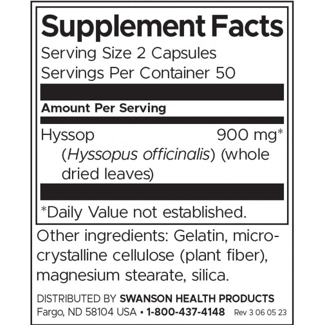 Swanson Hyssop 450 Mg Per Capsule Herbal Supplement Traditional Detoxification Support 100 Capsules - Feel You