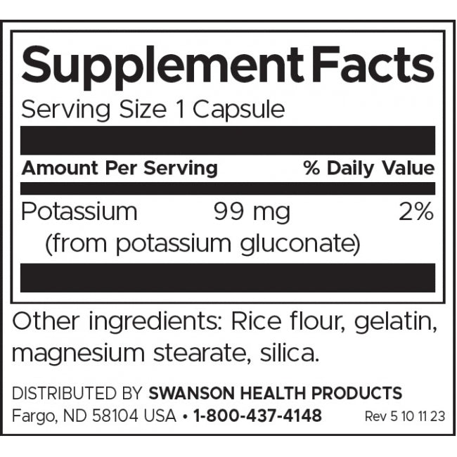 Swanson Potassium Gluconate 99 Mg Per Capsule Mineral Supplement Nervous System Health 100 Capsules - Feel You