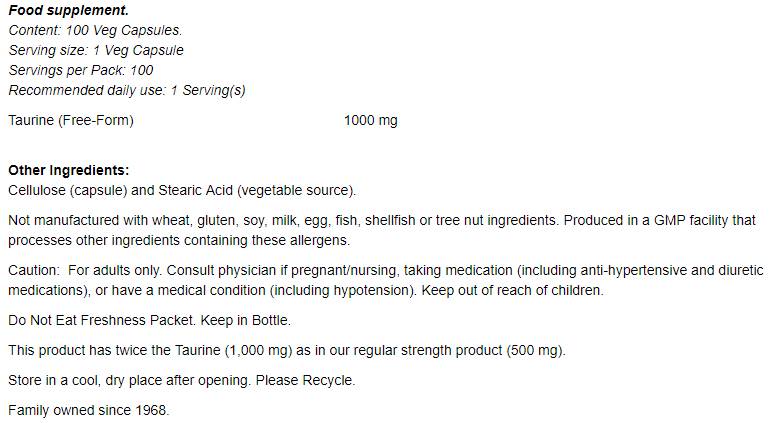 Taurine 1000 mg / Double Strength - 250 капсули - Feel You