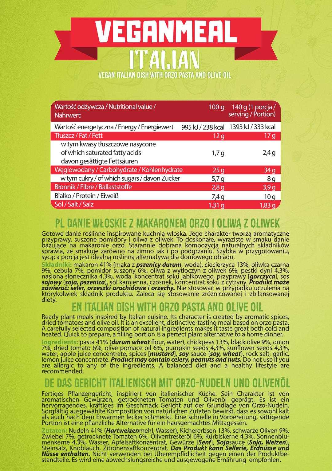 Veganmeal Italian | Ready-to-eat High-Protein Meal - 280 грама - Feel You