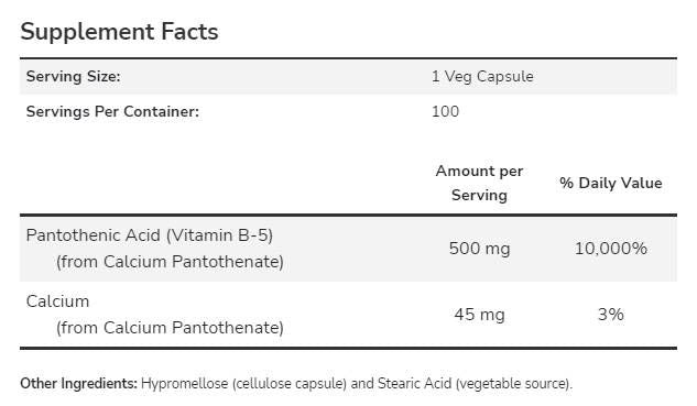 Vitamin B-5 / Pantothenic Acid 500 mg - 100 капсули - Feel You