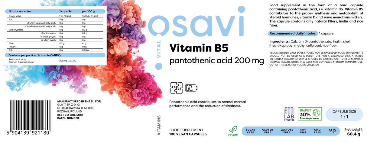Vitamin B5 | Pantothenic Acid 200 mg - 180 капсули - Feel You