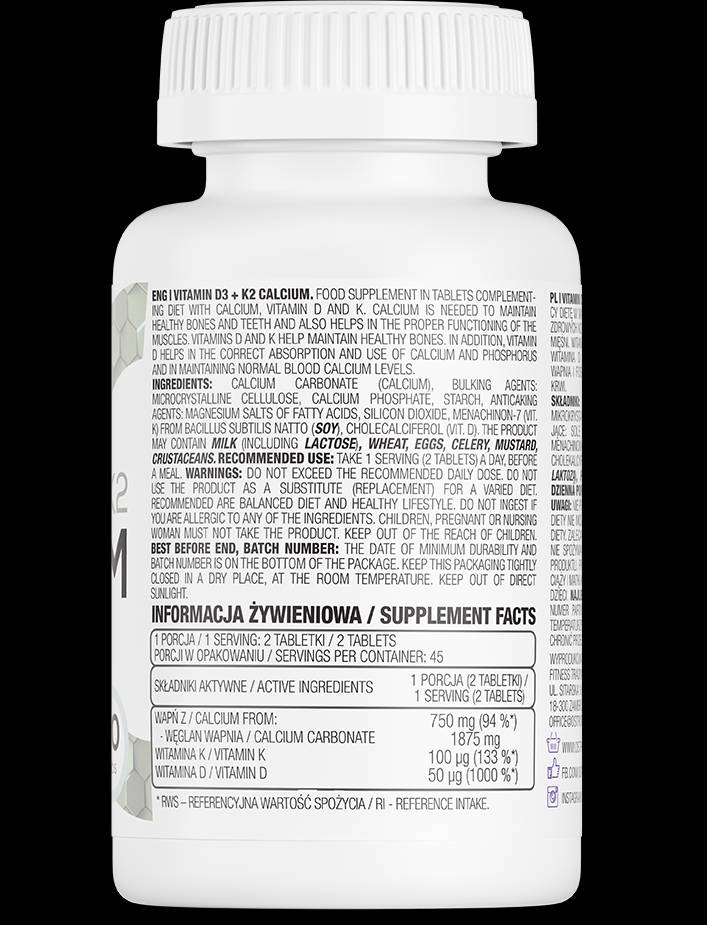 Vitamin D3 2000 + K2 100 mcg + Calcium - 90 Таблетки