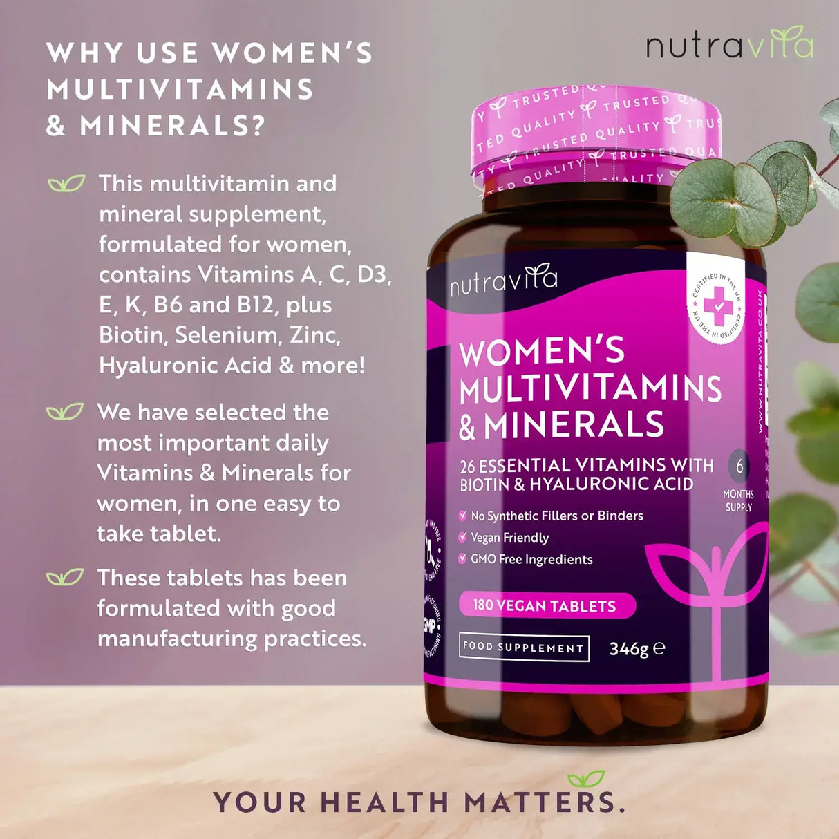 СРОЧЕН / Women's Multivitamins with Biotin and Hyaluronic Acid 180 Vegan Tablets - Feel You