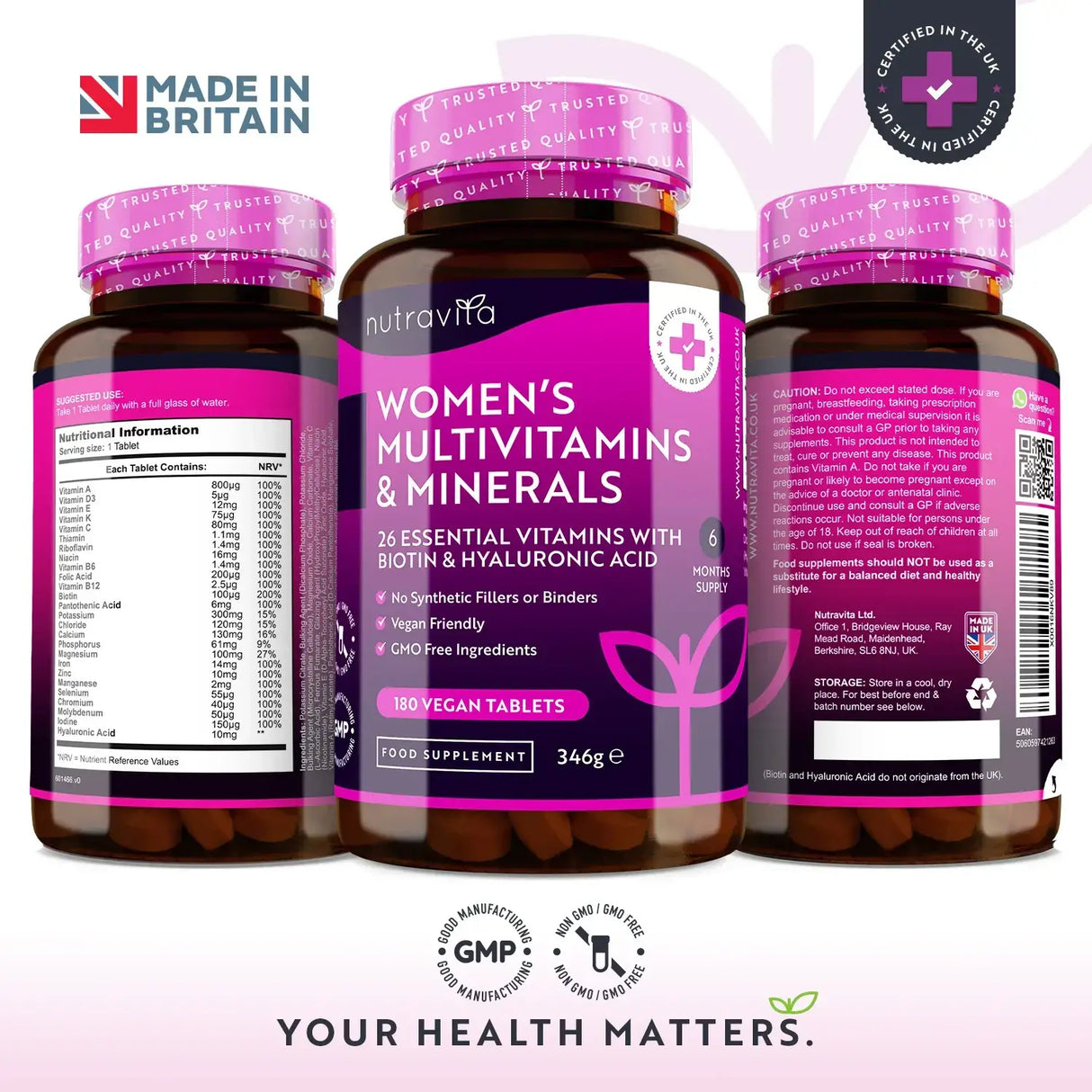 СРОЧЕН / Women's Multivitamins with Biotin and Hyaluronic Acid 180 Vegan Tablets - Feel You