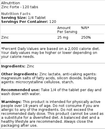 Zinc Forte | Zinc Lactate 25 mg - 120 Таблетки - Feel You