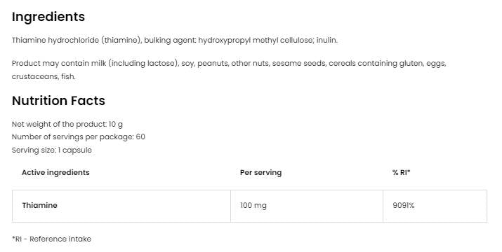 Vitamin B1 100 mg | Thiamine - 60 капсули - Feel You