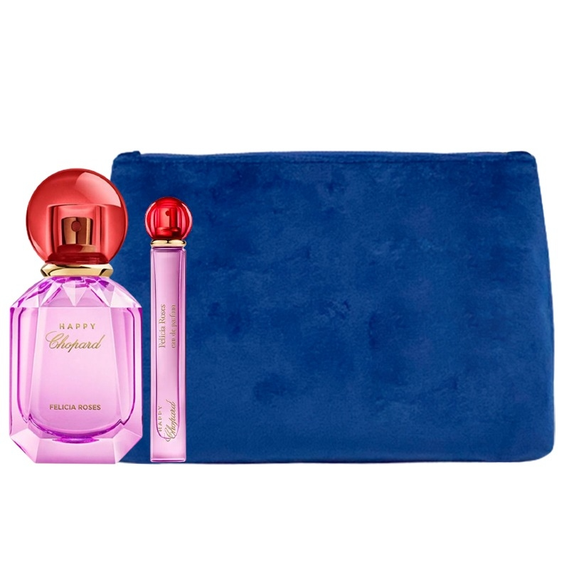Luxury Naturals Perfumery Set Chopard: Happy Felicia Roses, Eau De Parfum, For Women, 100 ml + Happy Felicia Roses, Eau De Parfum, For Women, 10 ml + Chopard, Synthetic Leather, Textile Bag, Trouse Pouche, Blue, For Women, 2.4 x 9 x 6.2 cm - Feel You