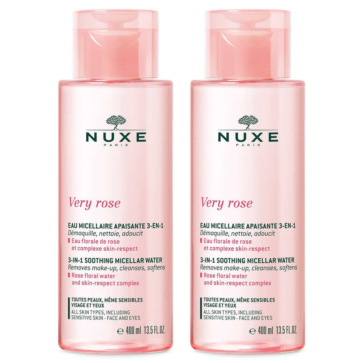 Дуо комплект, Nuxe, Very Rose, Мицеларна вода, За чувствителна кожа, 2 бр, 400 мл