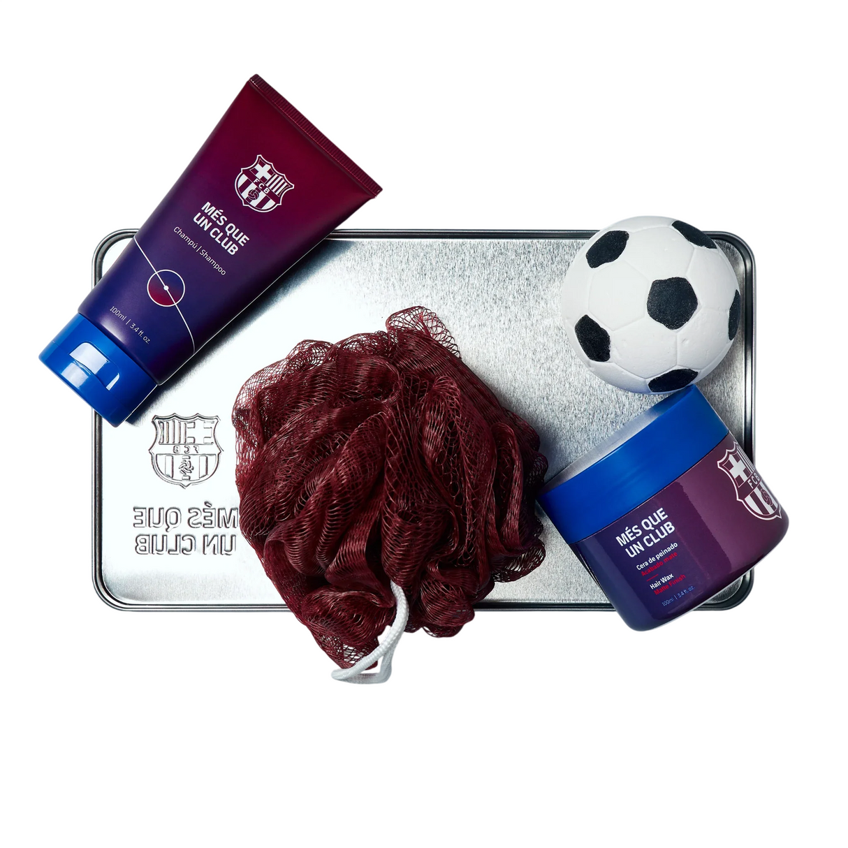 Set FC Barcelona: FC Barcelona, Body Sponge + FC Barcelona, Hair Styling Wax, 100 g + FC Barcelona, Bath Bomb + FC Barcelona, Shower Gel, 100 ml + FC Barcelona, Metal Cup Holder
