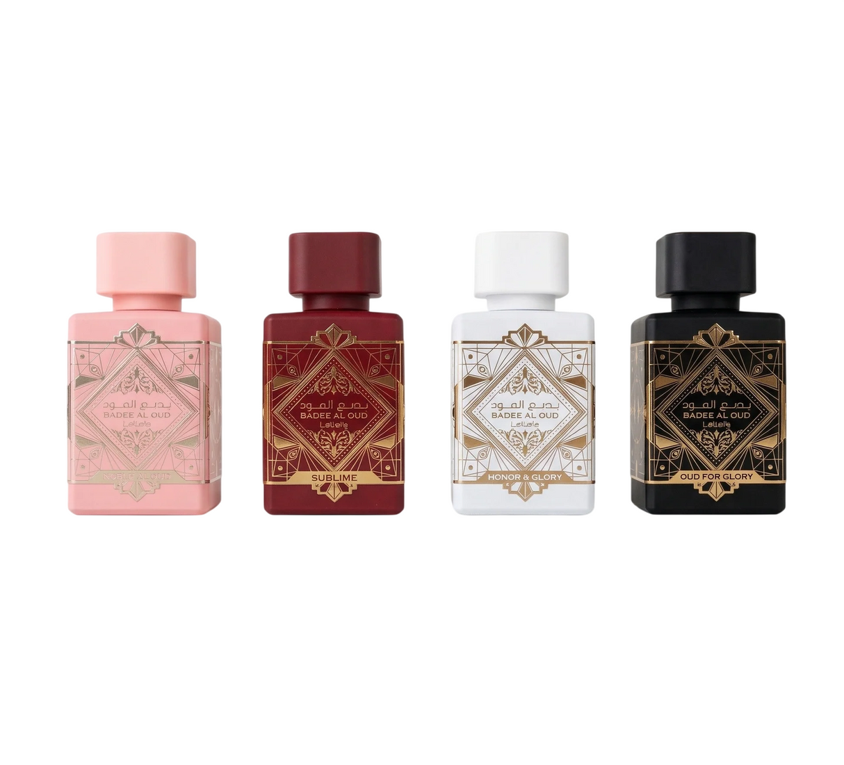 Set Lattafa: Bade'e Al Oud Oud For Glory, Eau De Parfum, Unisex, 25 ml + Bade'e Al Oud Honor & Glory, Eau De Parfum, Unisex, 25 ml + Bade'e Al Oud Sublime, Eau De Parfum, Unisex, 25 ml + Bade'e Al Oud Noble Blush, Eau De Parfum, For Women, 25 ml