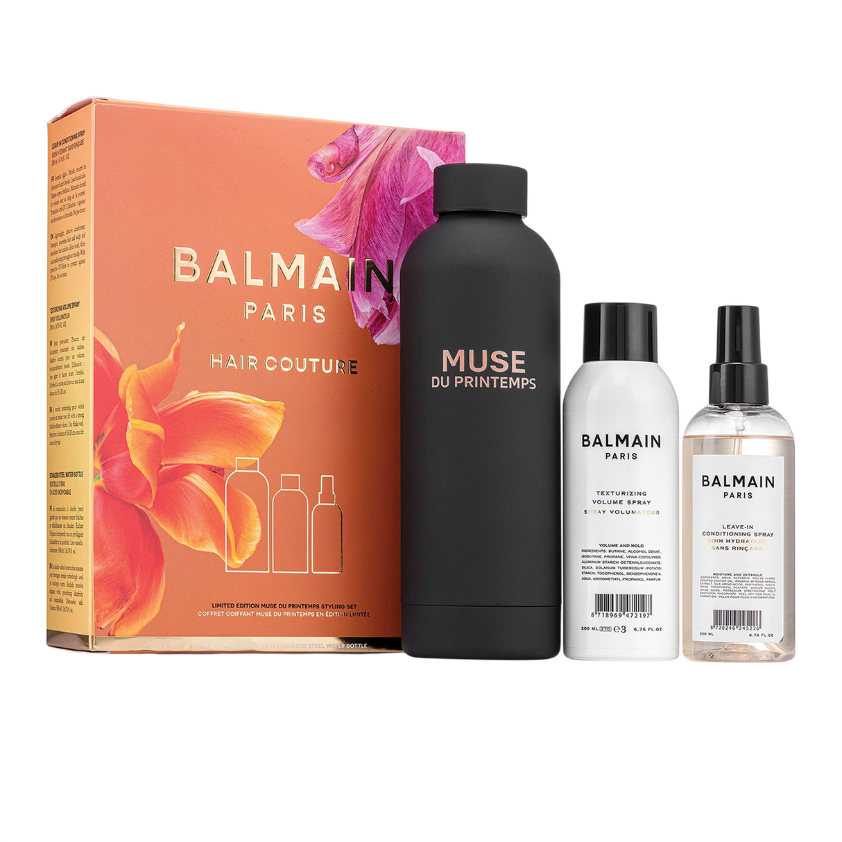 Set Balmain Professionnel: Muse Du Printemps, GWP Steel Water Bottle, Black + Balmain Professionnel, Argan Oil, Hair Leave-In Conditioner, For Hydrate/Detangle & Shine, 50 ml + Balmain Professionnel, Butane, Hair Spray, For Volume, Light Hold, 200 ml - Feel You