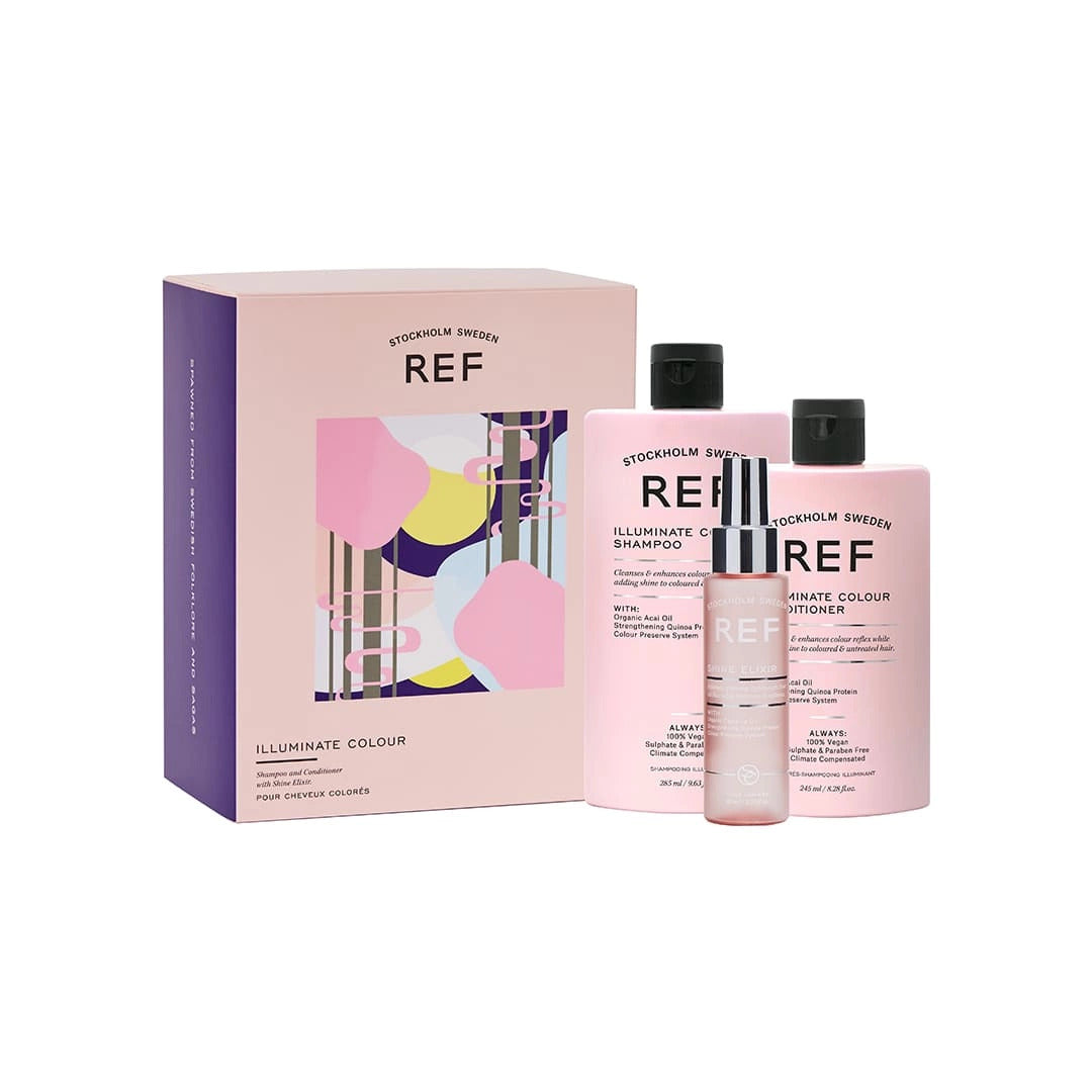 Gift Box Set Ref Stockholm: Illuminate Colour, Sulfates-Free, Hair Shampoo, For Strengthening, 285 ml + Illuminate Colour, Sulfates-Free, Hair Conditioner, Nourishes And Enhances Tone, 245 ml + Shine Elixir, Hair Serum, Softening, 80 ml - Feel You