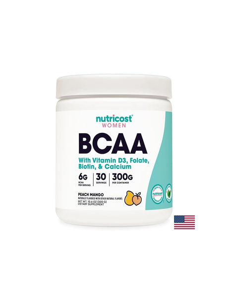Верижно-разклонени аминокиселини BCAA + витамин D3, Фолиева киселина , биотин, калций (за жени), 300 g прах с вкус на манго - Feel You