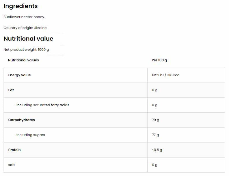 Natural Sunflower Honey / Натурален слънчогледов пчелен мед 1000 грама - Feel You