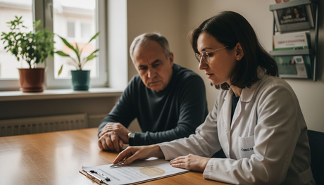 В лекарския кабинет се провежда консултация между лекар и пациент.