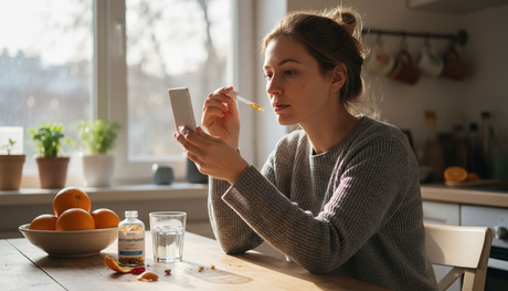 Жена, която се грижи за сиянието на кожата си с помощта на витамини.