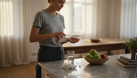 Жена забърква хранителни добавки у дома в кухнята си.