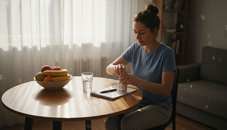 Жена намира кутийки с хранителни добавки на масата в хола.