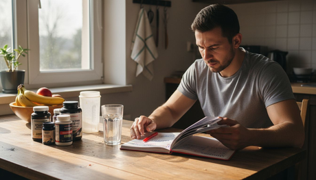 Мъж седи на кухненската маса и обмисля кои добавки да включи в режима си.