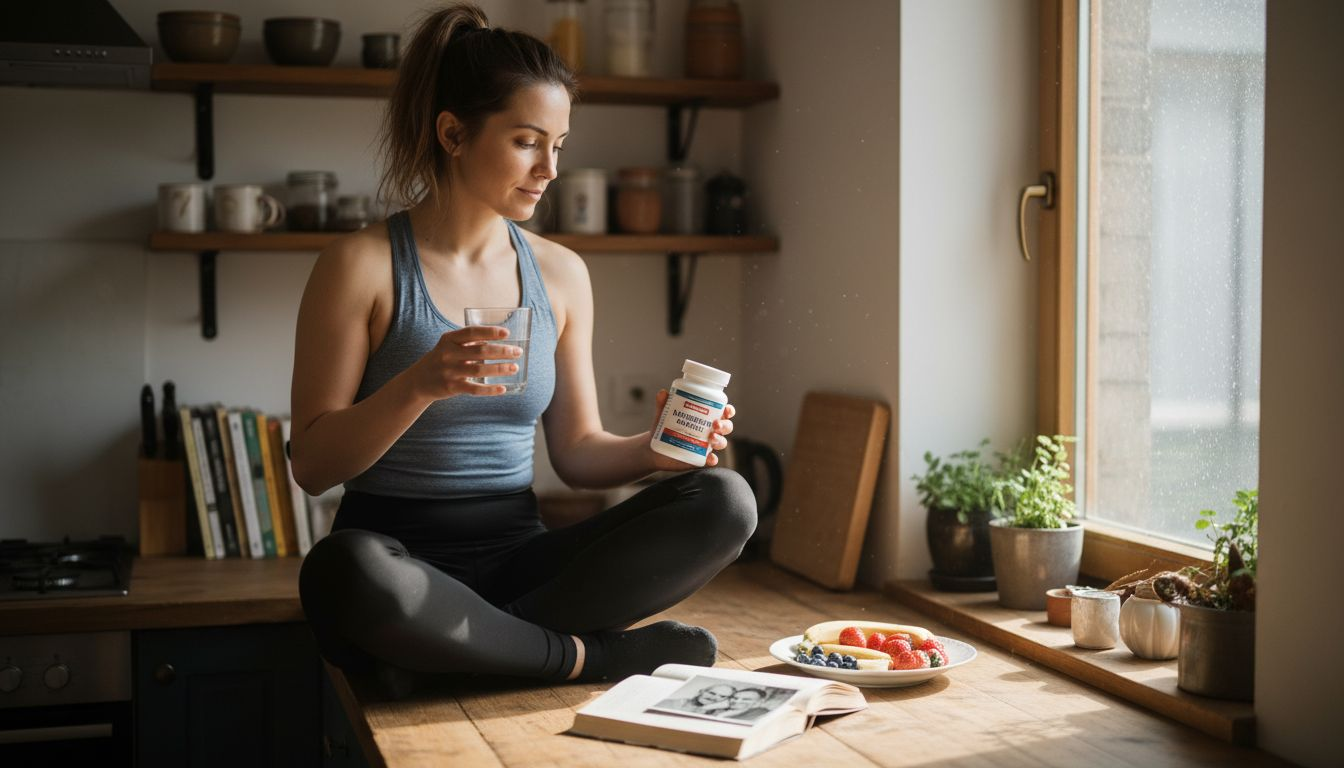 Жена държи опаковка с магнезий и чаша вода в ръцете си.