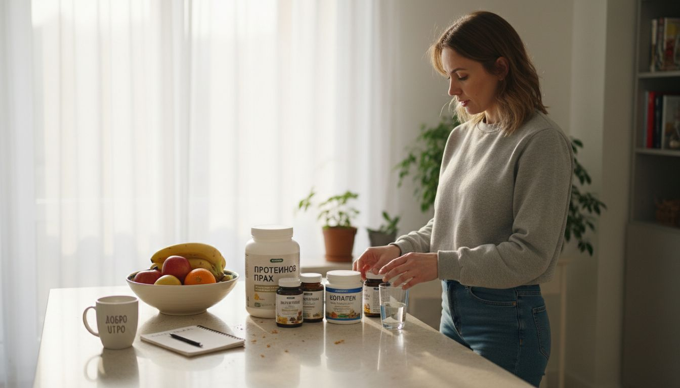 Жена подрежда хранителни добавки на светлата си кухня