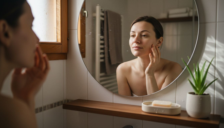 Жена с усмивка нежно поглажда меката си, добре хидратирана кожа, докато се оглежда в огледалото.