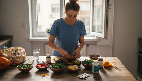Жена подрежда витамини и пресни плодове на кухненския плот, като внимателно избира най-доброто за здравословната си закуска.