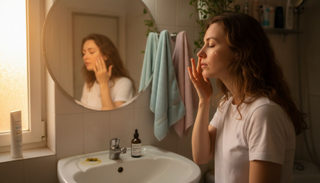 Млада жена нежно си нанася хиалуронов серум върху лицето, за да се погрижи за кожата си.