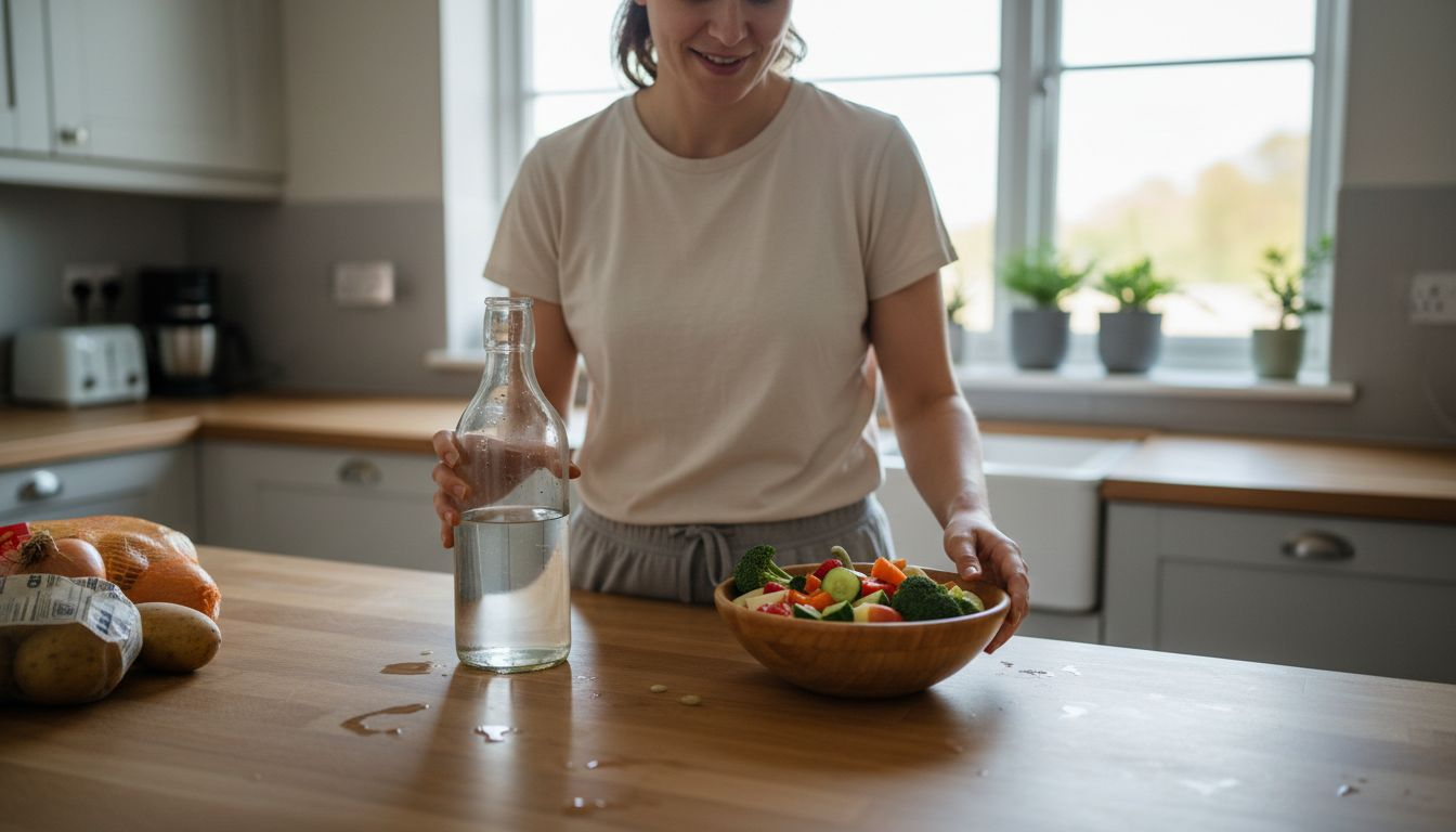 Жена си приготвя детокс напитка с вода и свежи продукти