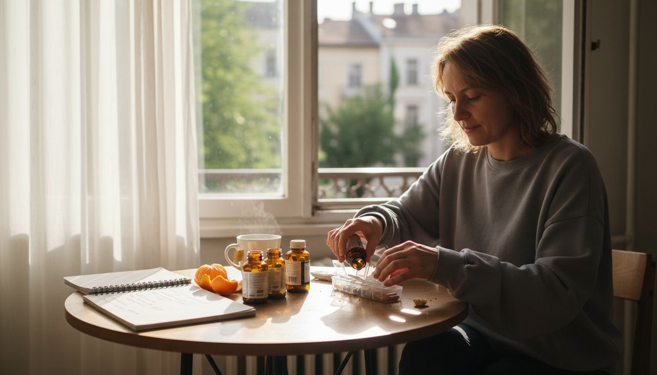 Жена обмисля кои хранителни добавки да вземе, докато седи на масата в слънчевата си кухня.