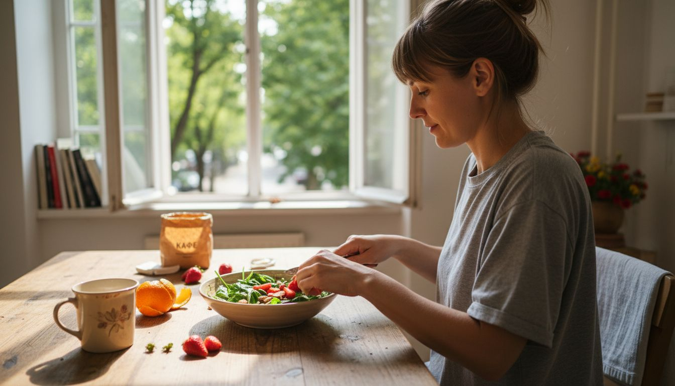 Жена приготвя свежа салата, за да поддържа кожата си здрава и сияйна.