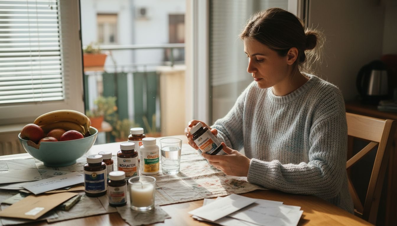 Жена стои в кухнята и внимателно разглежда етикетите на бутилки с добавки.