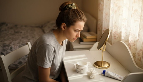 Млада жена внимателно оглежда кожата си пред огледалото в спалнята.