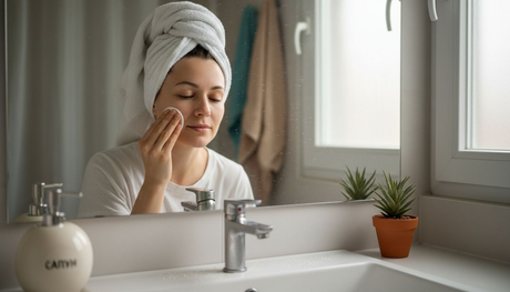 Сутрин в банята една жена нежно освежава лицето си с тоник.