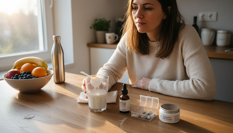 Жена седи на кухненската маса и разглежда различни видове колаген, опитвайки се да избере кой продукт е най-подходящ за нея.