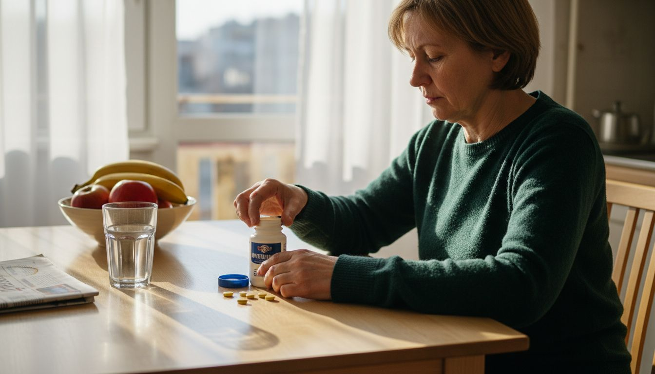 Жена сяда на кухненската маса и отваря шишенце с мултивитамини.