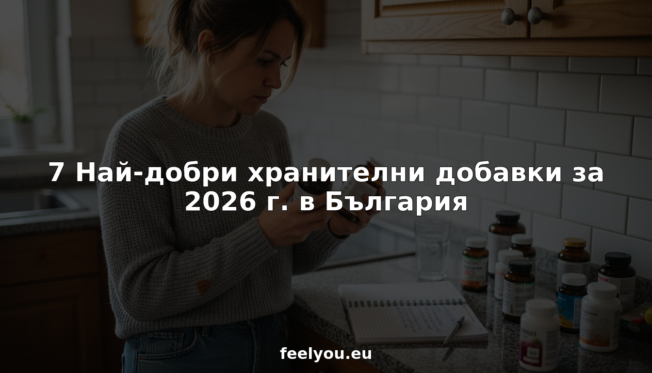 Жена стои в кухнята и внимателно сравнява различни хранителни добавки, опитвайки се да избере най-подходящата за себе си.