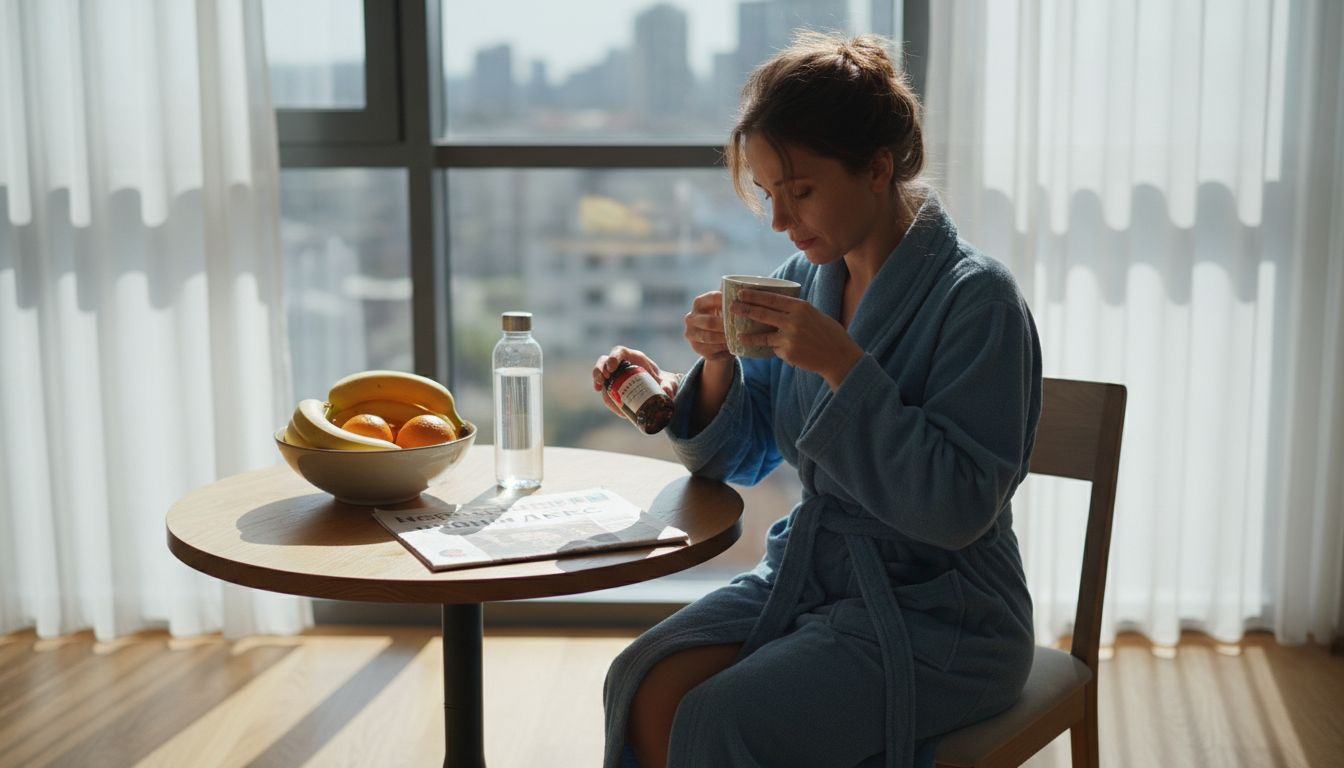 Жена започва деня си с приема на витамини, превръщайки това в част от сутрешната си рутина.