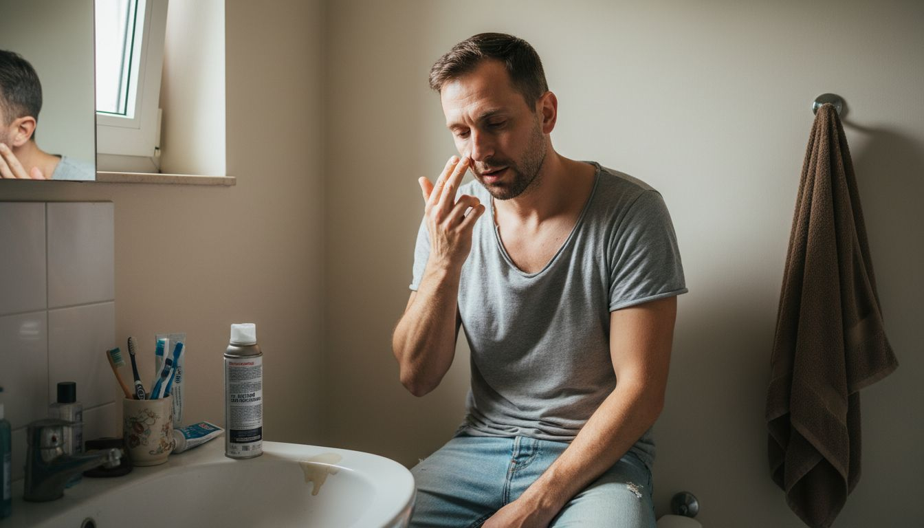 Мъж се грижи за кожата си, като си маже лицето с крем в банята.