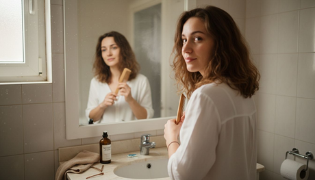 Млада жена сресва косата си пред огледалото в уютна баня с естествена светлина.