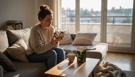 Млада жена преглежда различни добавки за справяне със стреса вкъщи, опитвайки се да избере най-подходящата за себе си.
