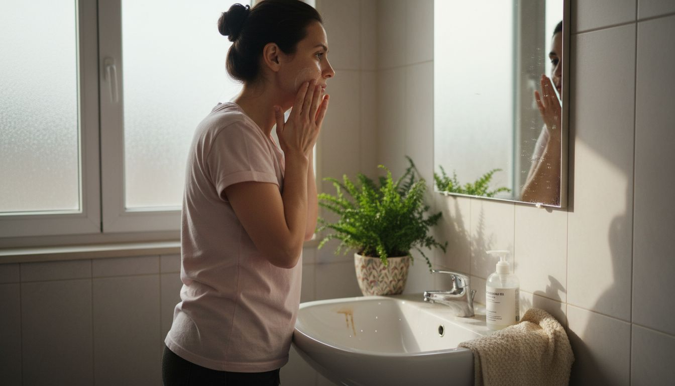 Млада жена внимателно измива лицето си пред огледалото в банята.