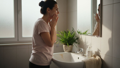 Млада жена внимателно измива лицето си пред огледалото в банята.