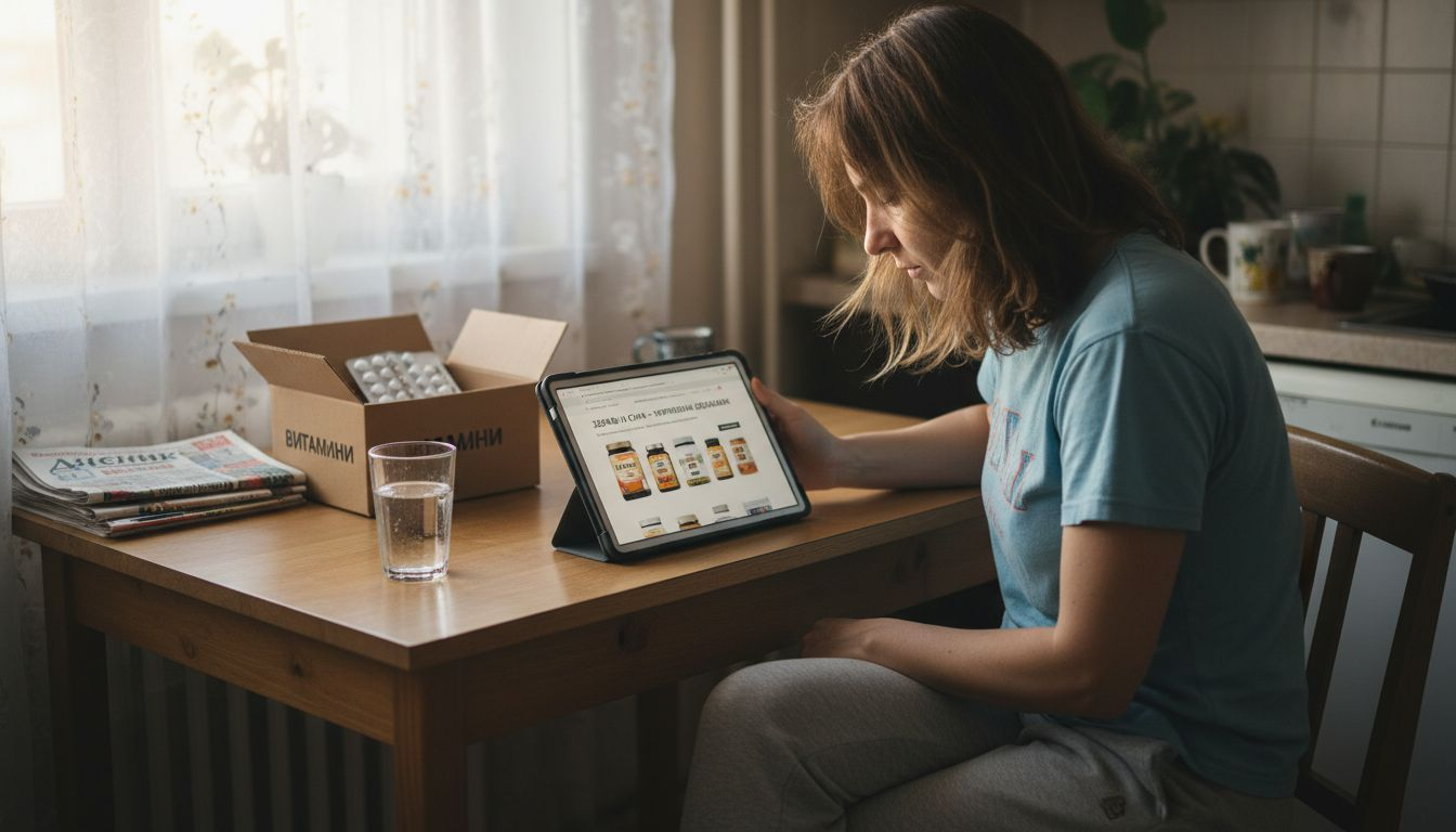 Жена седи на кухненската маса и разглежда онлайн различни хранителни добавки.