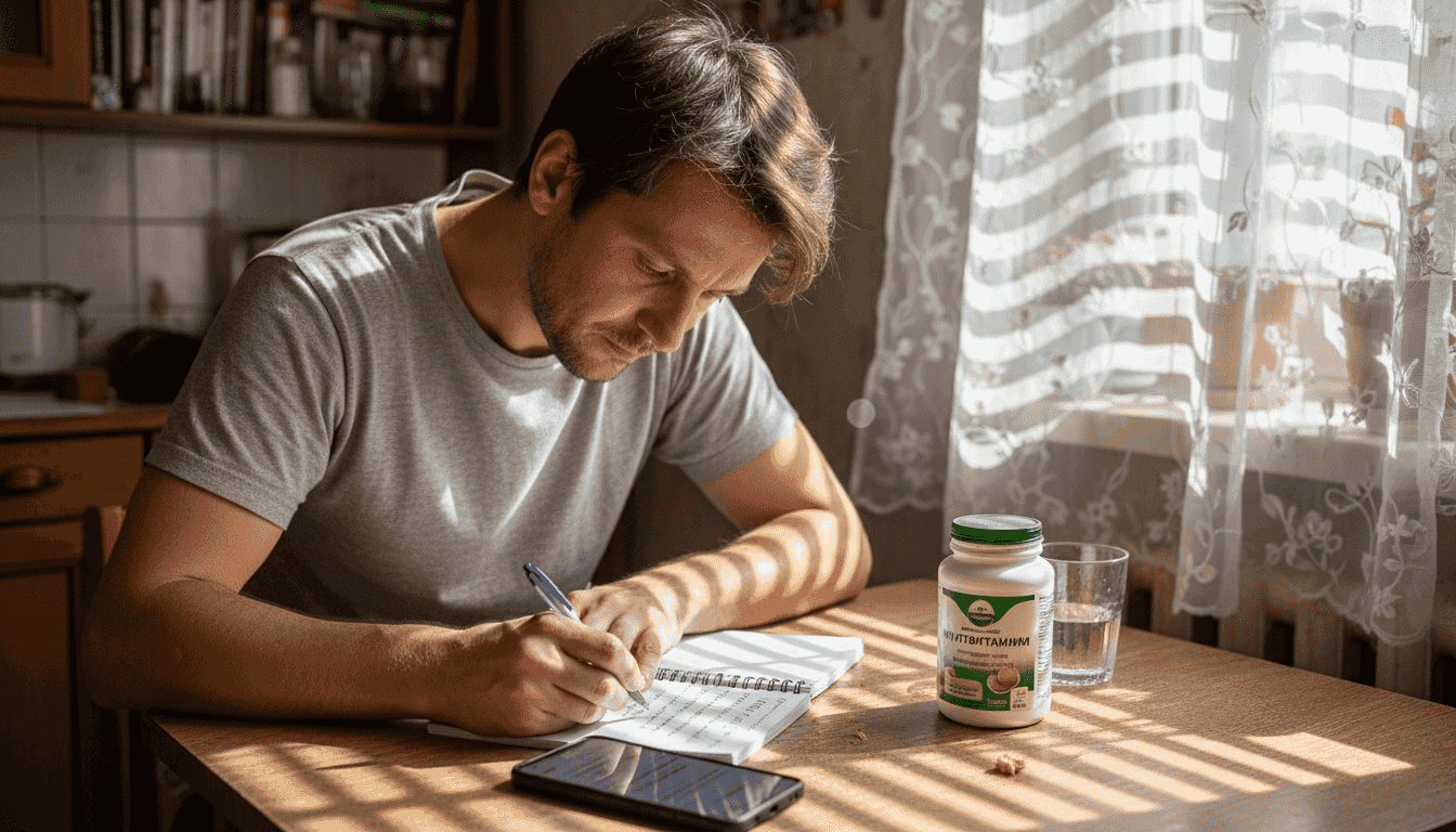 Мъж следи приема си на витамини у дома, като внимателно записва какво и колко приема всеки ден.