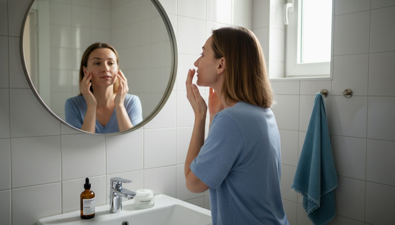 Жена внимателно нанася серум върху лицето си пред огледалото в банята.