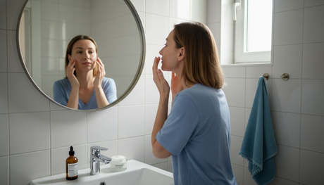 Жена внимателно нанася серум върху лицето си пред огледалото в банята.