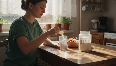 Млада жена забърква домашна веган добавка в кухнята си.